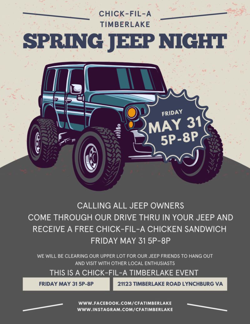 ChickfilA Timberlake Spring Jeep Fling New In Lynchburg